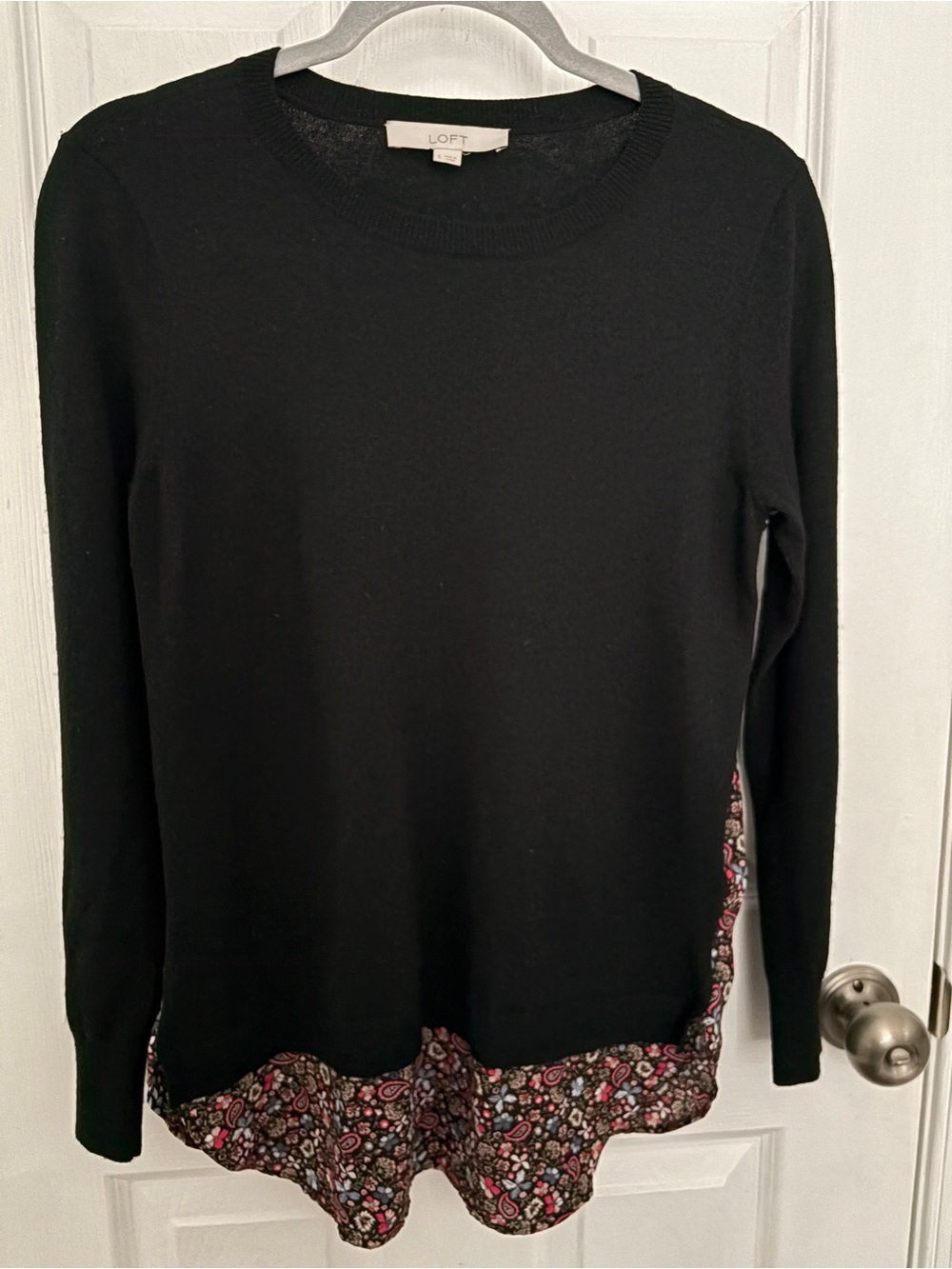 LOFT Black Scoop Neck Sweater with Floral Hem Panel#0336